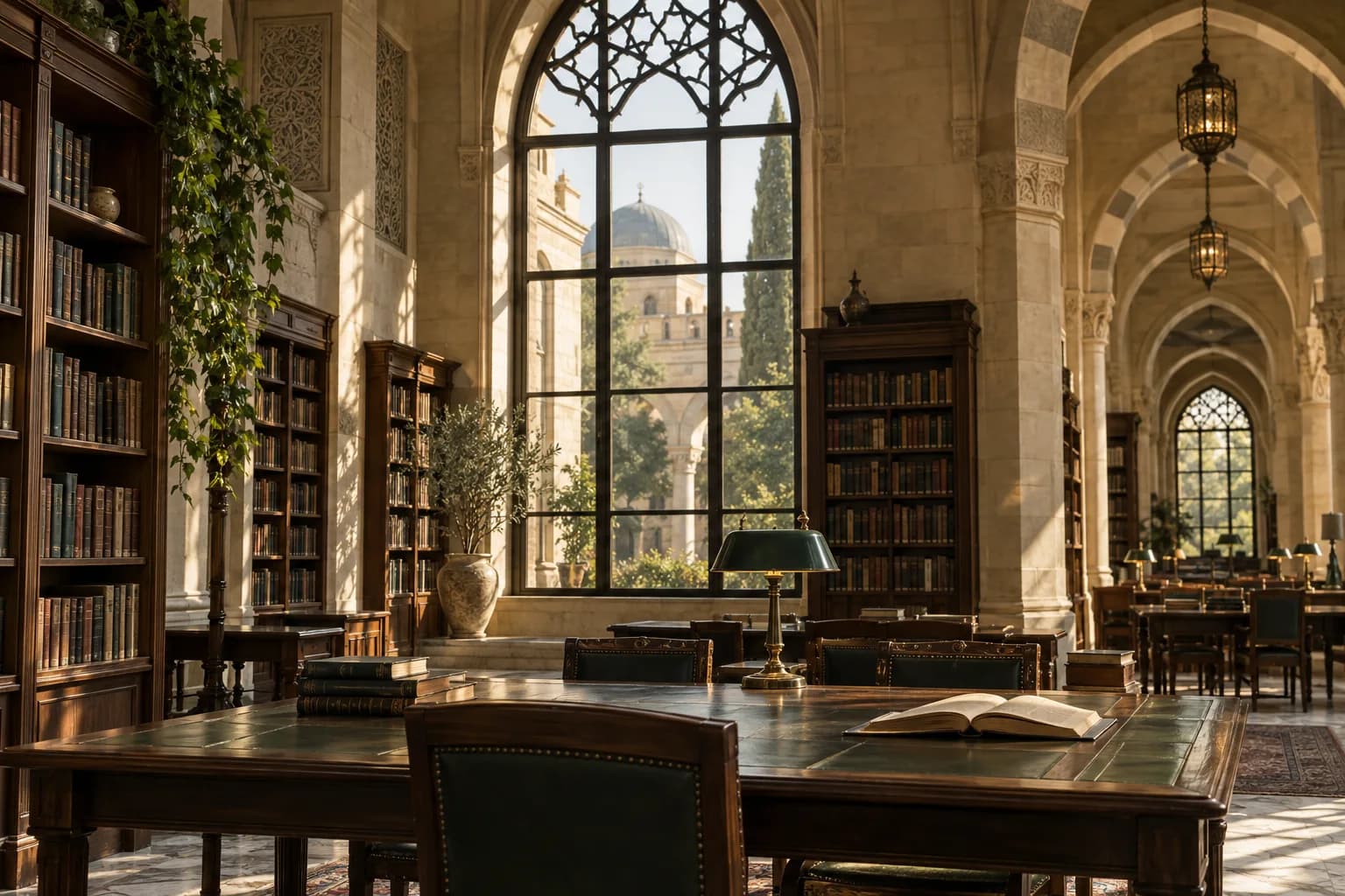 مكتبة جامعية مضاءة بنور الشمس